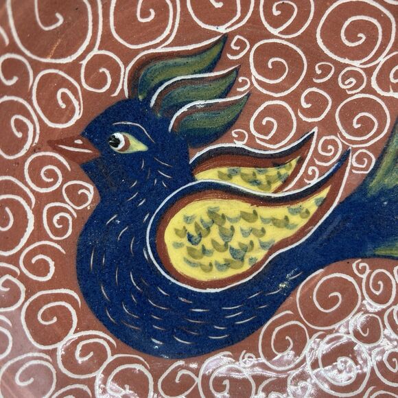 American Folk Art Pottery Serving Bowl Bird Hand Painted McNeil Red Blue 11" - Picture 5 of 9